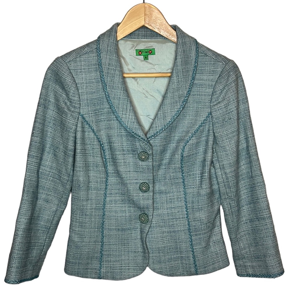 Tibi Teal Tweed Blazer Jacket